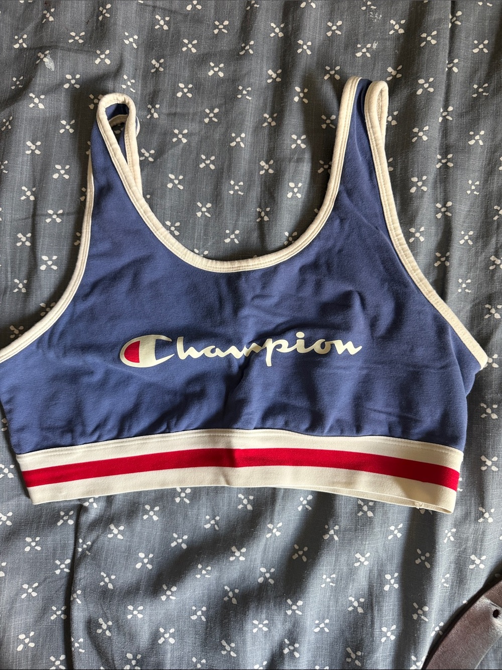 Champion Navy Sports Bra with White Trim and Red Stripe